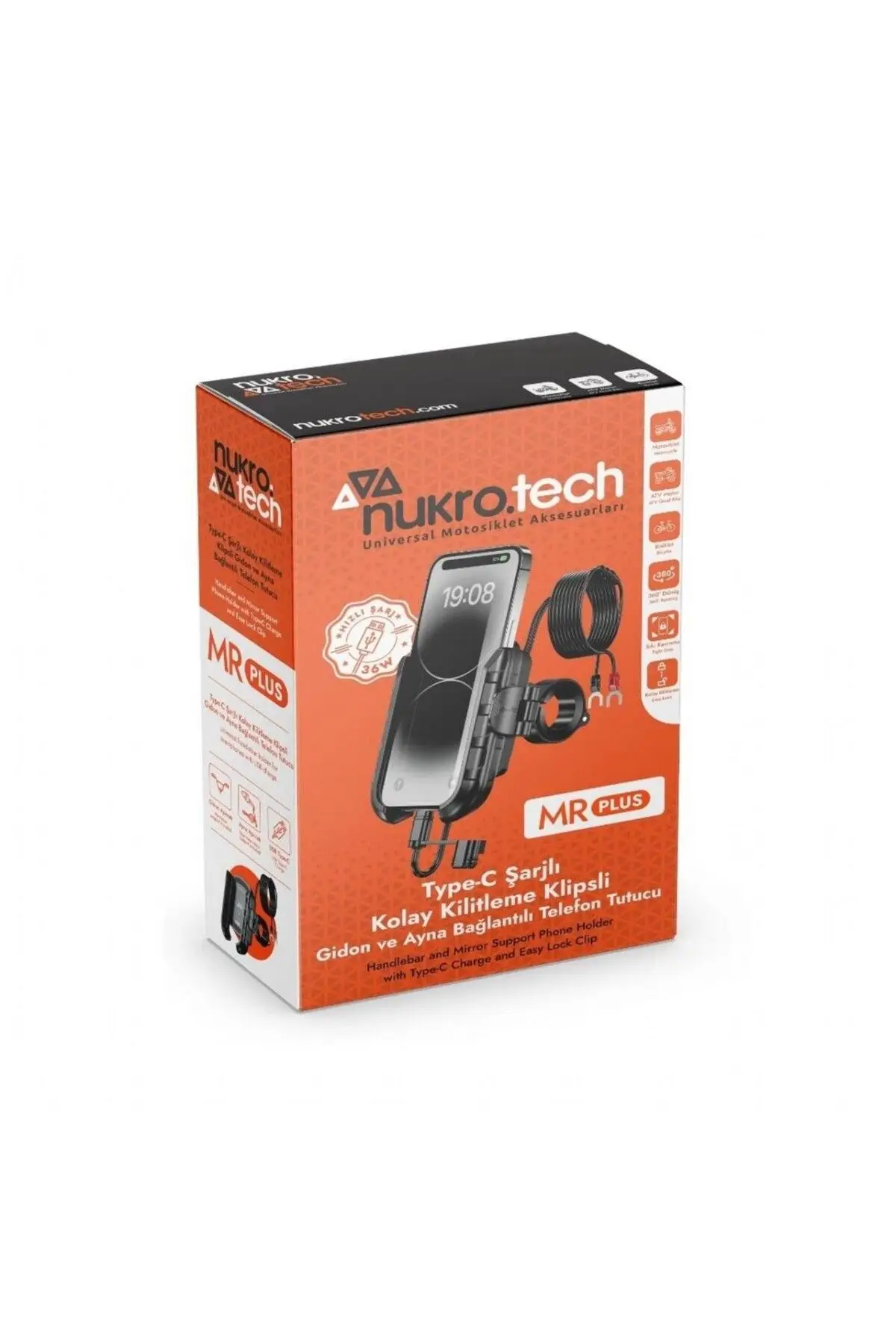 Nukrotech Mr Plus Motosiklet Telefon Tutucu Usb-c Şarjlı (GİDON VE AYNA BAĞLANTI APARATLI) Nukrotech Mr Plus Motosiklet Telefon Tutucu Usb-c Şarjlı (GİDON VE AYNA BAĞLANTI APARATLI)